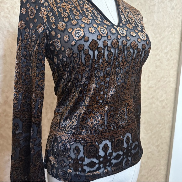 VTG Y2K 2000s Brown Tone Bronze Sheer See Through Velvet Floral Burnout Top - Picture 2 of 7